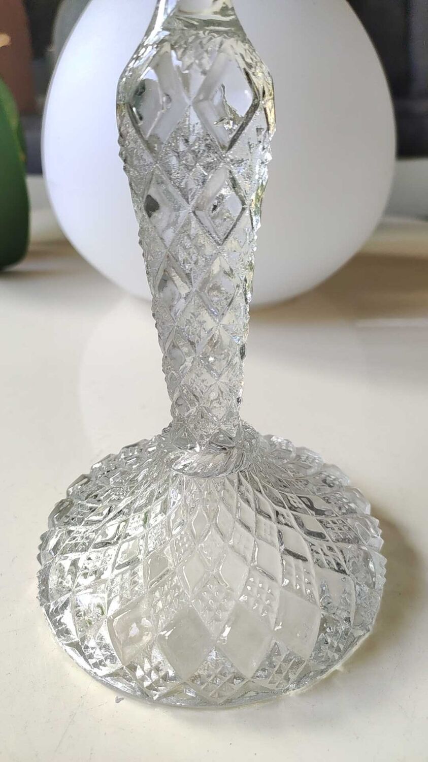 Pair of Bougeoirs flambeaux/Verrerie de Portieux, molded glass. Cross patterns, corolla shape