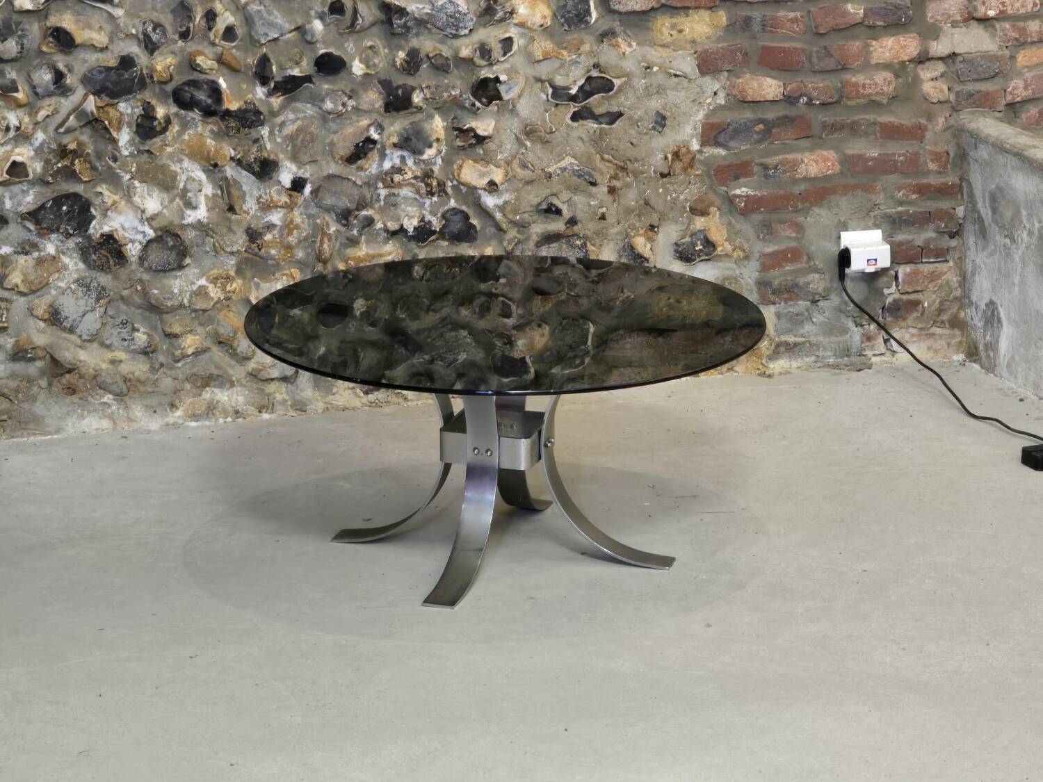 Vintage metal and smoked glass coffee table, 1970