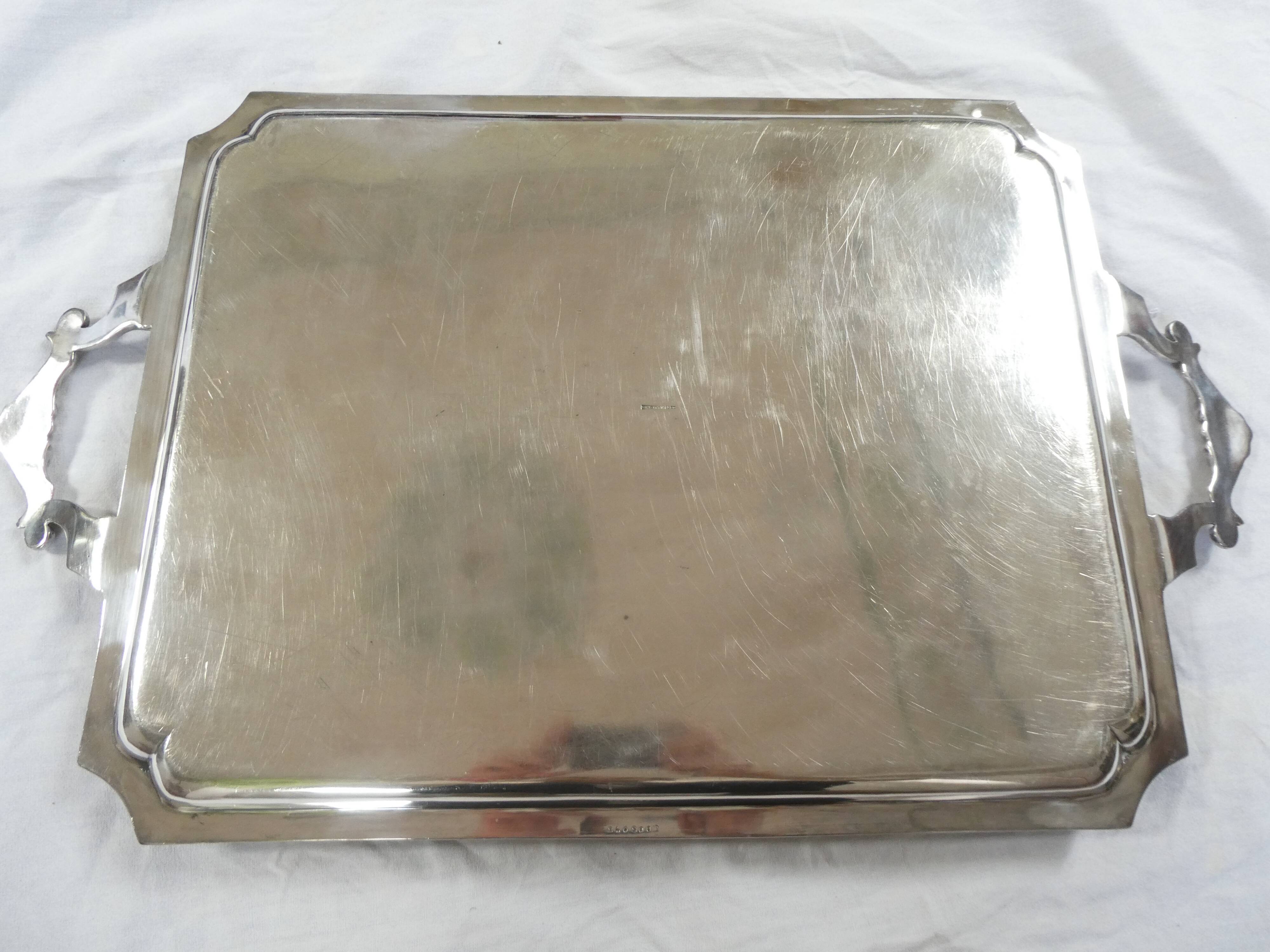 Large rectangular silver metal tray with handles Maison Wiskemann