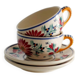 Lot de 2 tasses + soucoupes HB Quimper décor floral F436 – Peintes main