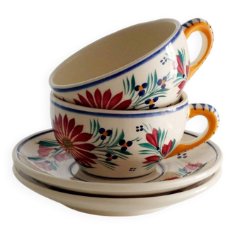 Lot de 2 tasses + soucoupes HB Quimper décor floral F436 – Peintes main