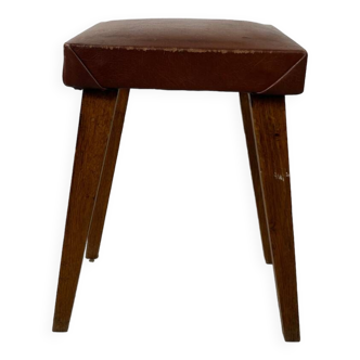 Petit tabouret ou repose pied en bois et cuir