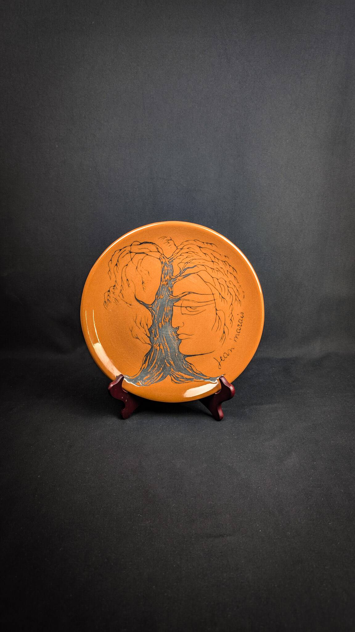 Glazed ceramic plate signed Jean Marais face & tree Vallauris