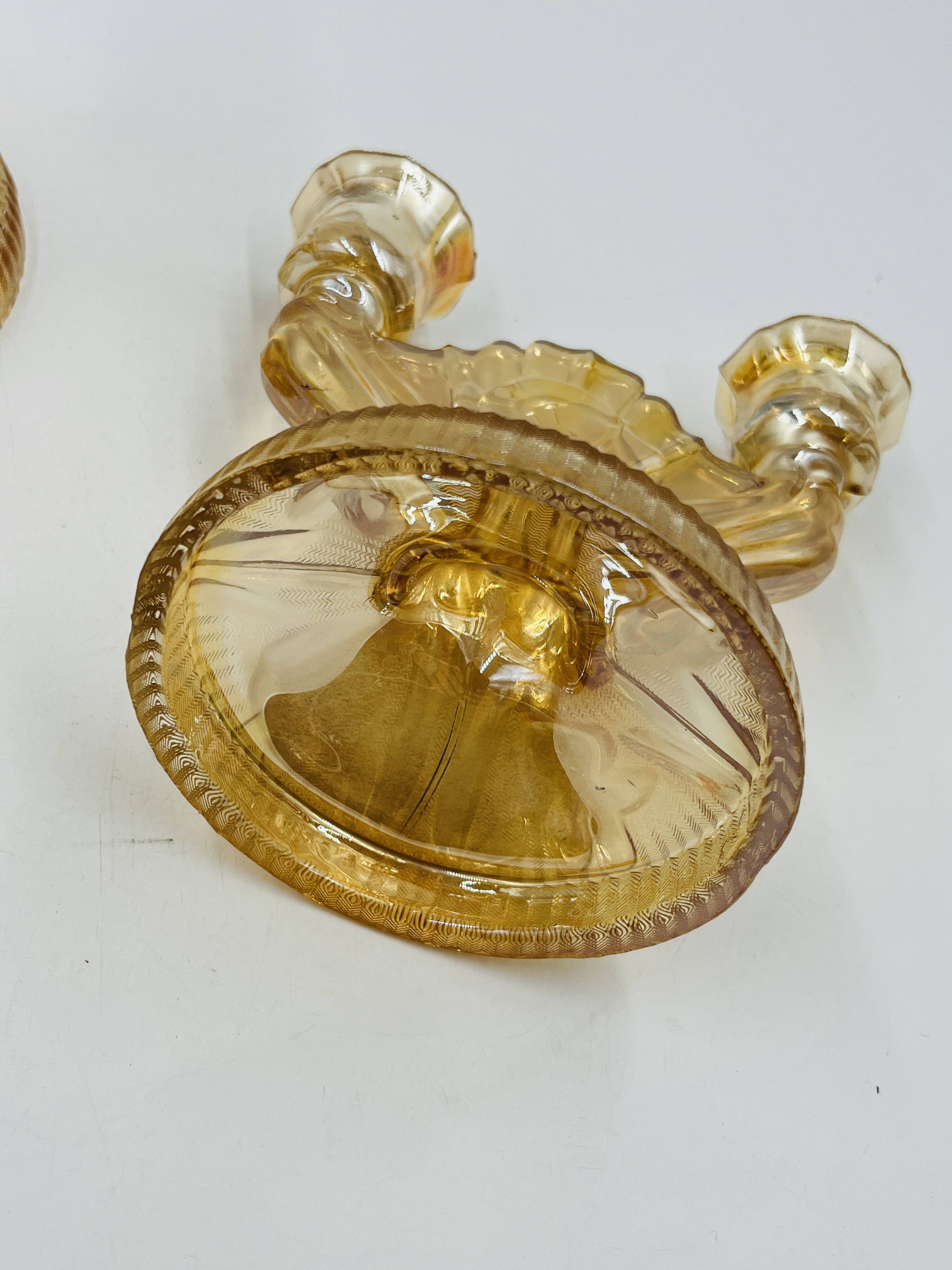 Pair of Empoli amber glass chandeliers in Art Deco style