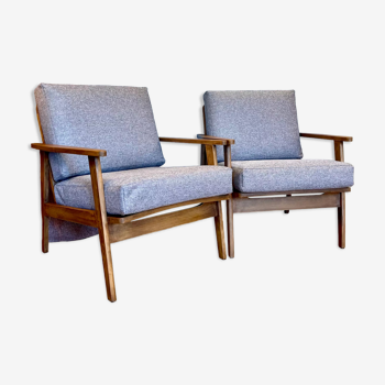 Pair of Scandinavian armchairs wood and fabric