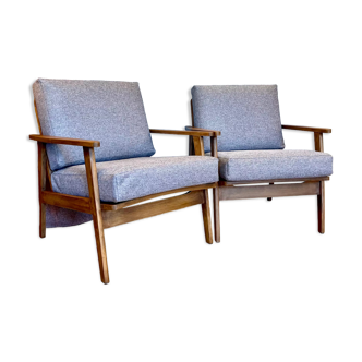 Pair of Scandinavian armchairs wood and fabric