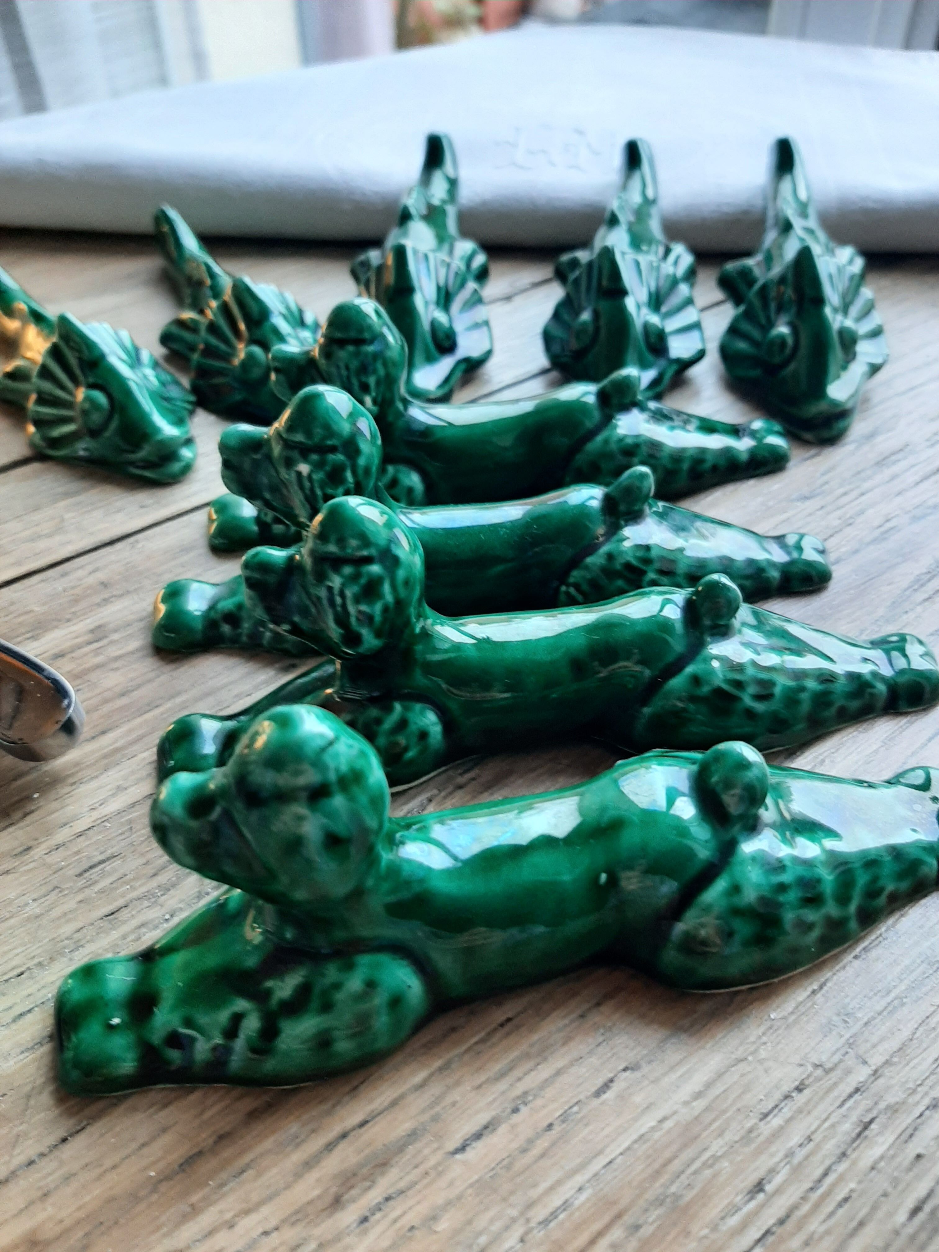 Vintage faience knife holder fish and dogs