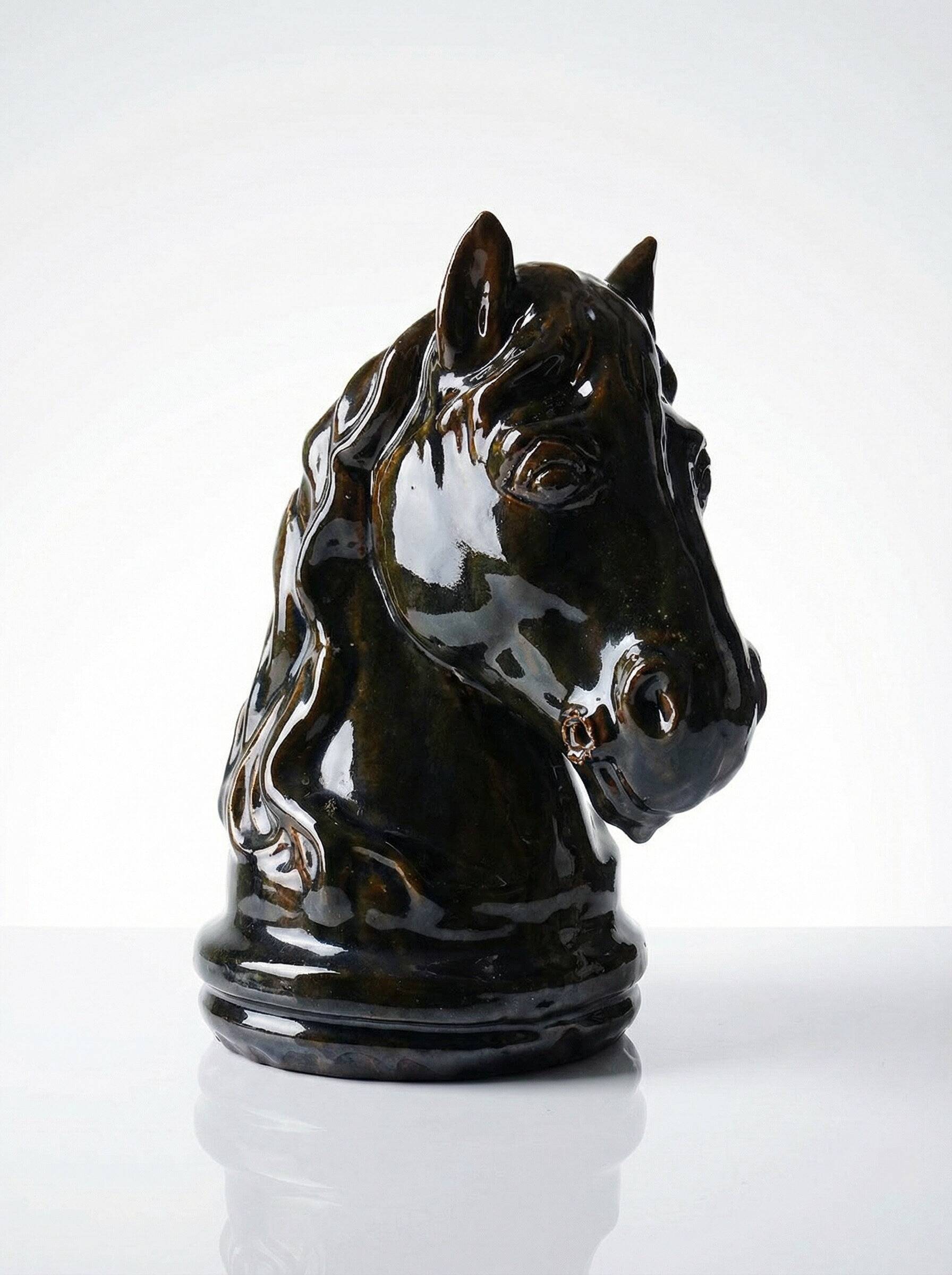 Vintage 1980s glazed terracotta chess knight or horse head.