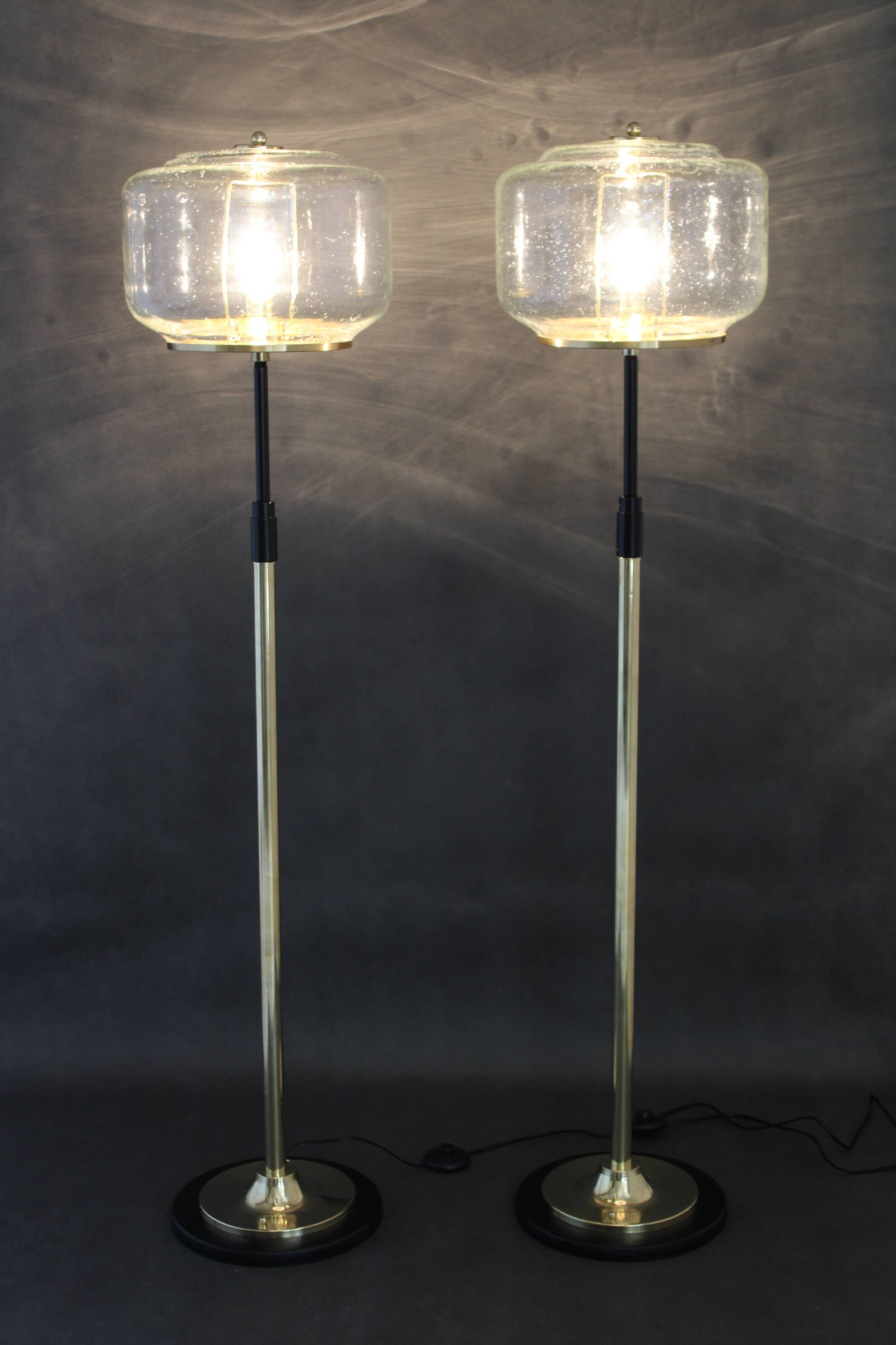 1970s Pair of Glass Brass Floor Lamps by Kamenicky Senov , Czechoslovakia