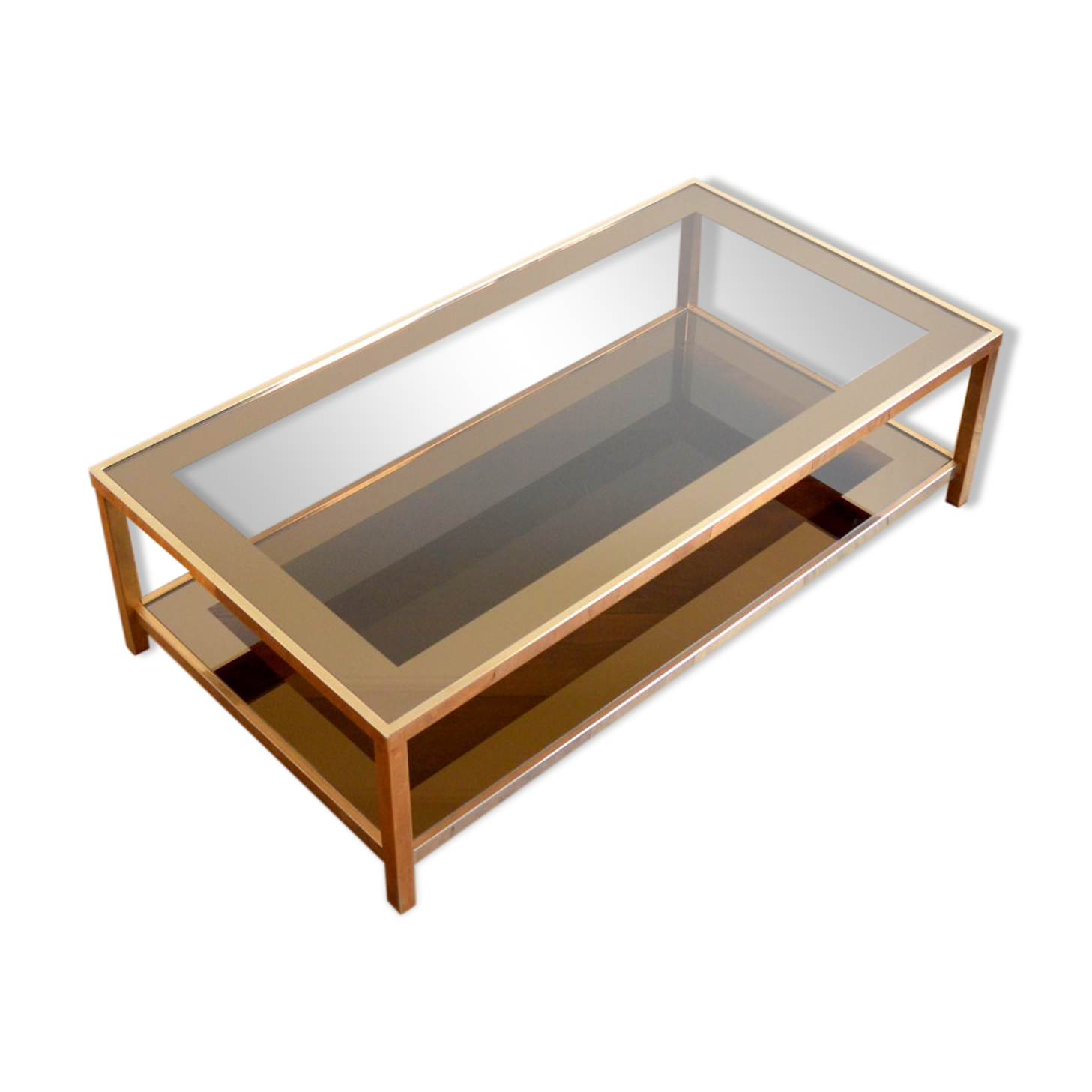 Coffee table in gold plated and smoked glass Belgo Chrom 70s / 80s