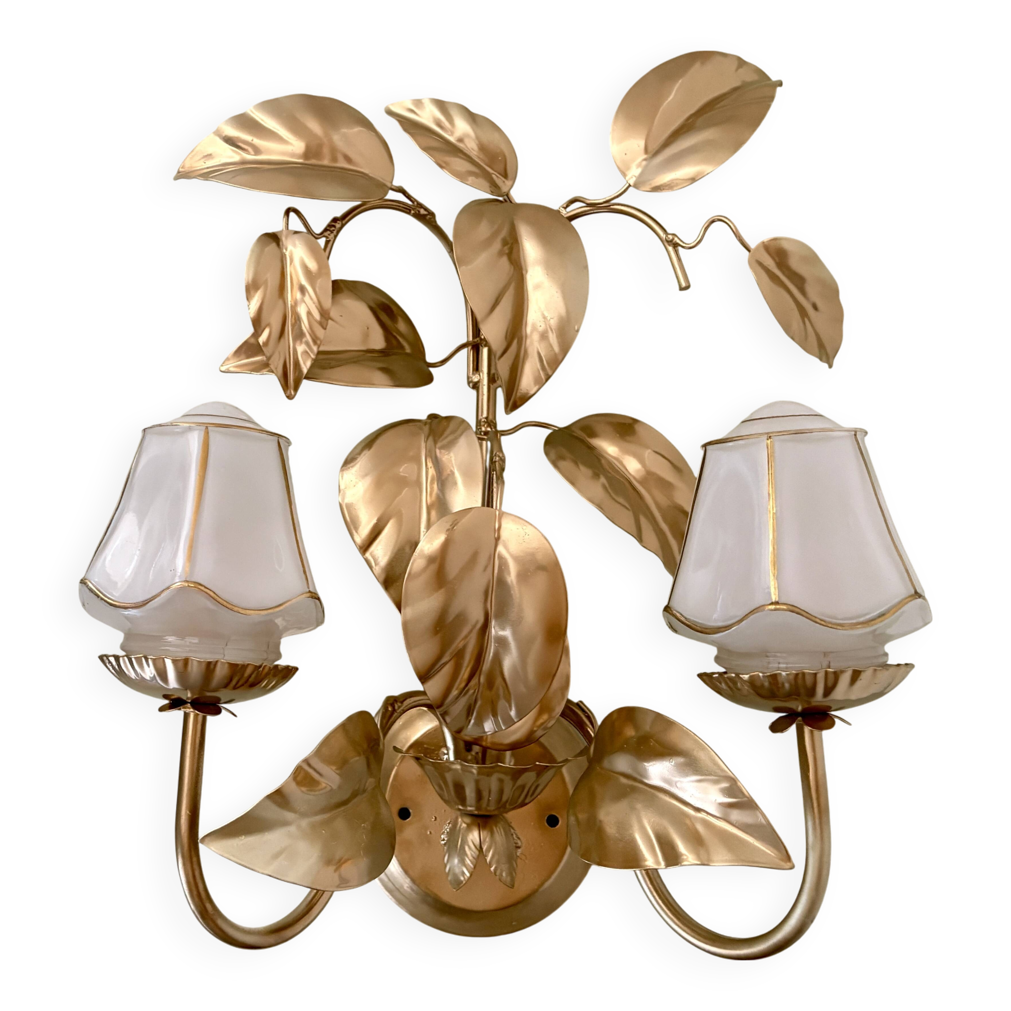Vintage two-light wall lamp in gold metal with vintage art deco globes