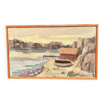 Huile sur toile originale – « Paysage marin » par Gustaf Olsson – Signé – Vintage et encadré – 50 × 30 cm (19,7" × 11,8")