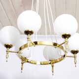 Brass and opal glass chandelier
