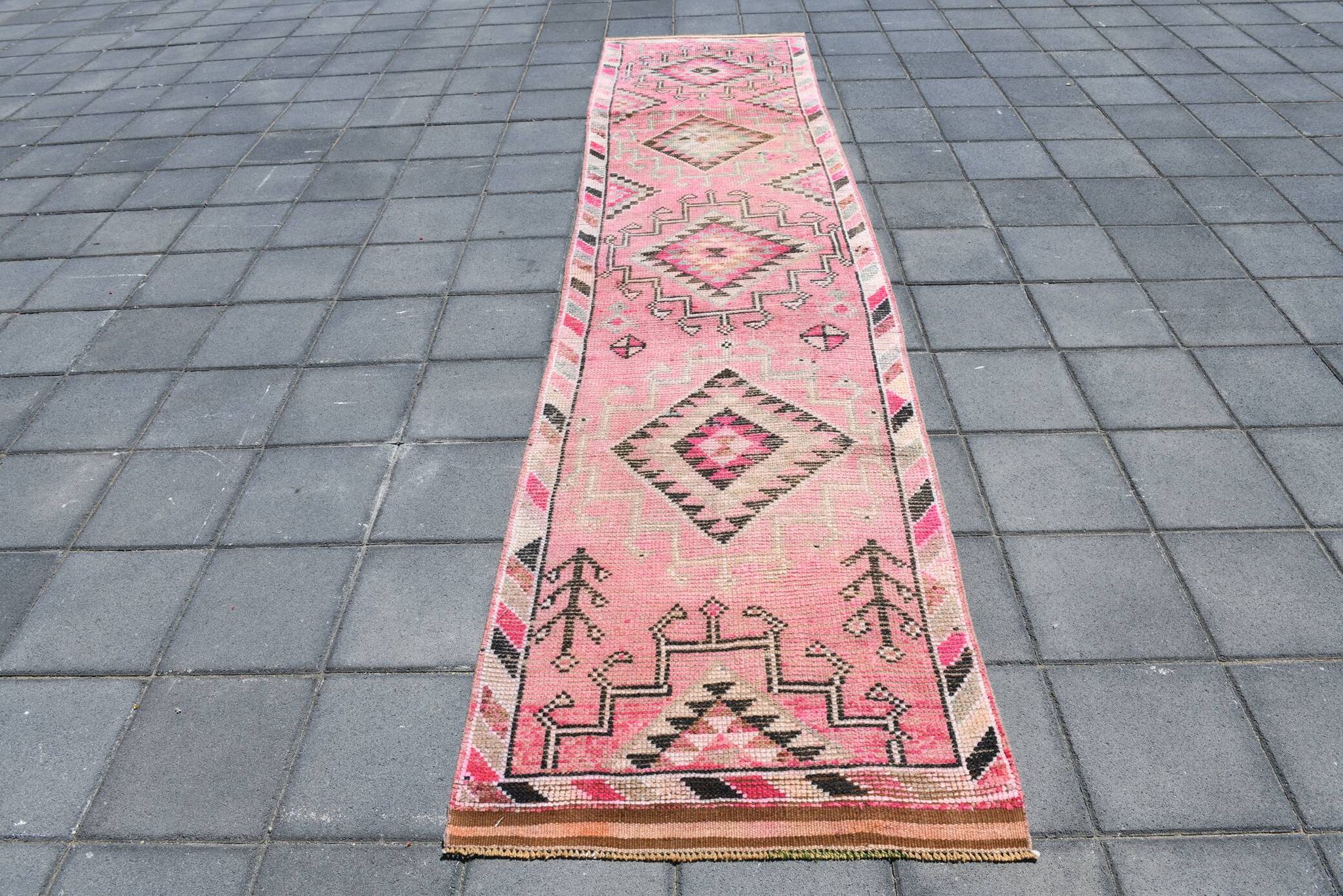 Tapis Couloir Rose à Médaillons, Tapis Turc Vintage, 86x364 Cm
