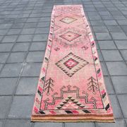 Tapis Couloir Rose à Médaillons, Tapis Turc Vintage, 86x364 Cm