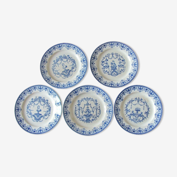 5 assiettes faience Jules Vieillard  décor Moustiers -  XIXe