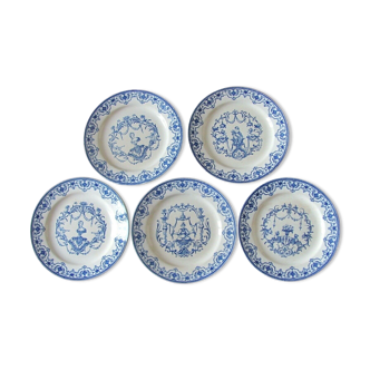 5 assiettes faience Jules Vieillard  décor Moustiers -  XIXe