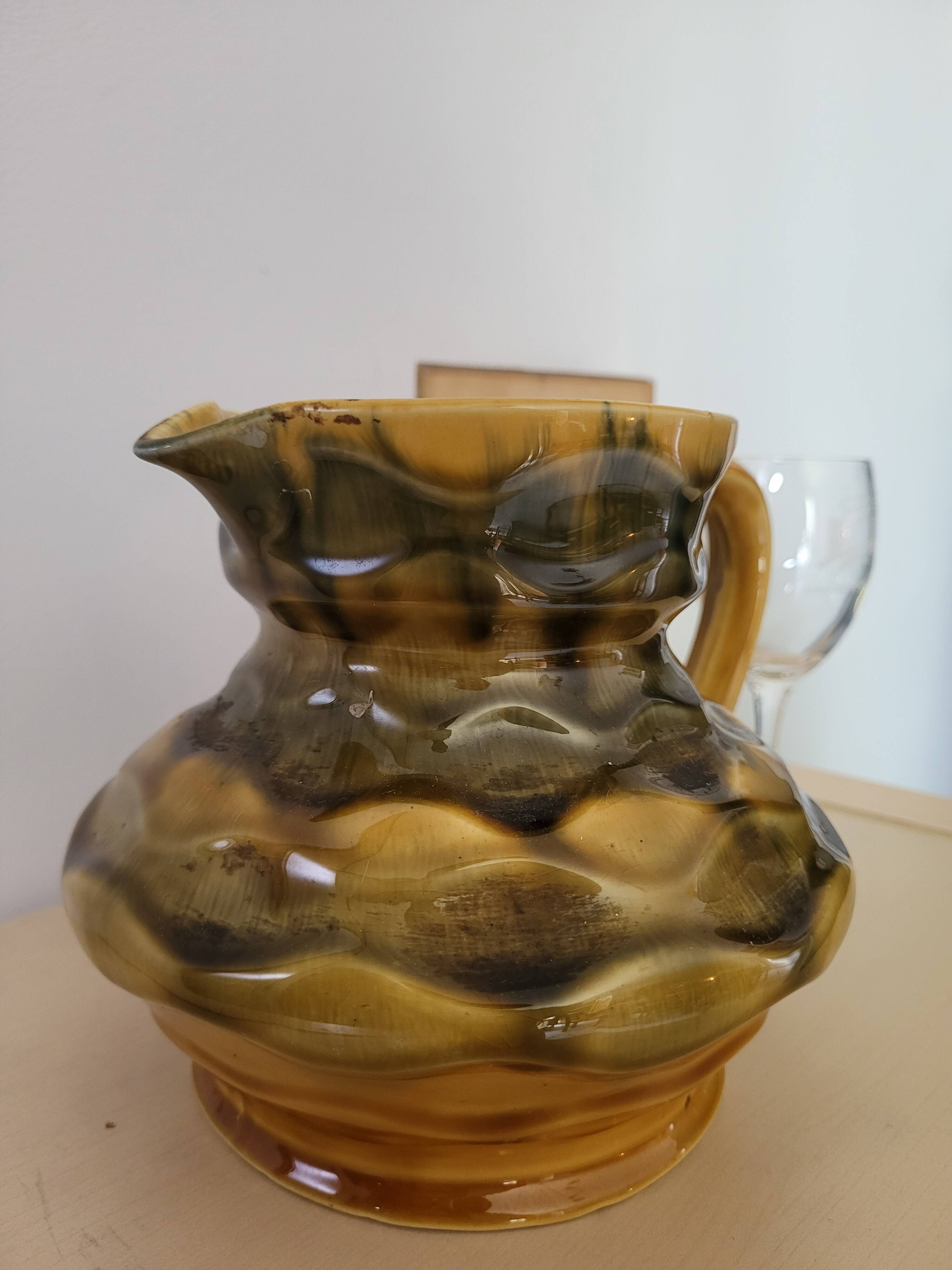 Amber faceted pitcher Sarreguemines pottery
