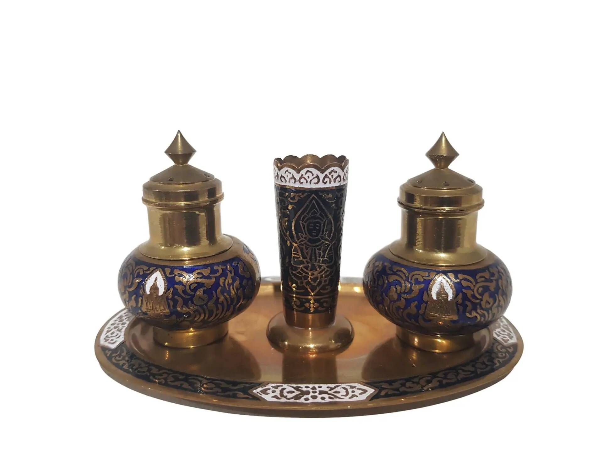 Spice set, navy blue and gold, enamelled brass, Thailand, 1960s