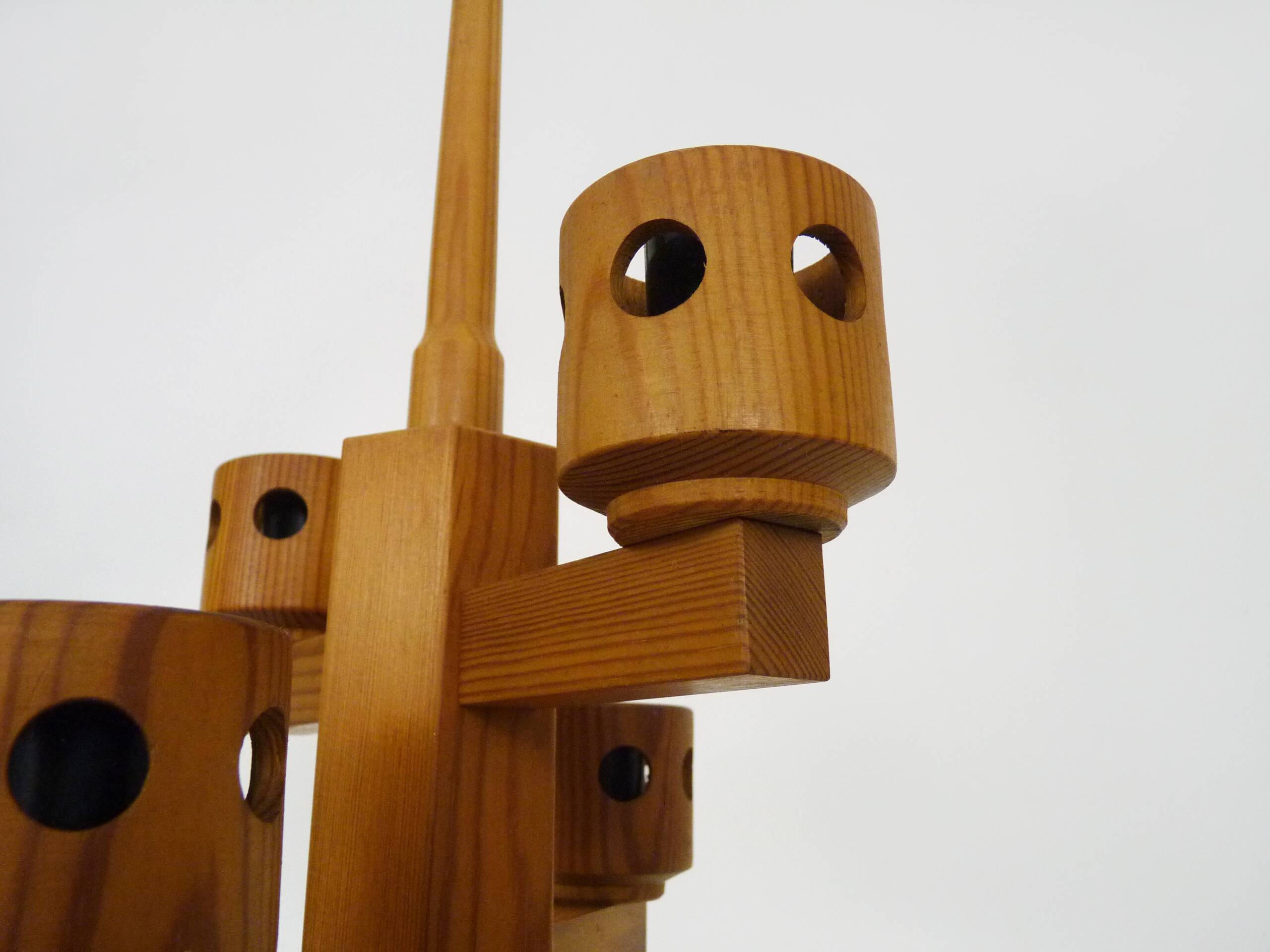 Vintage wooden chandelier with 6 lights. Antique lighting fixture. 1970s