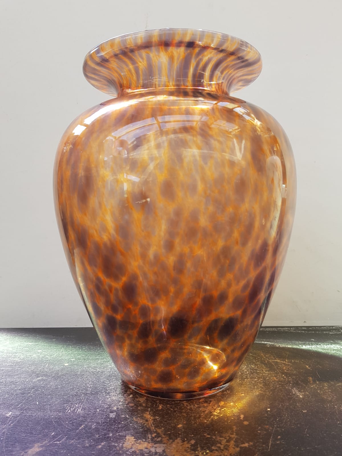 Old multilayer glass vase spotted orange brown vintage