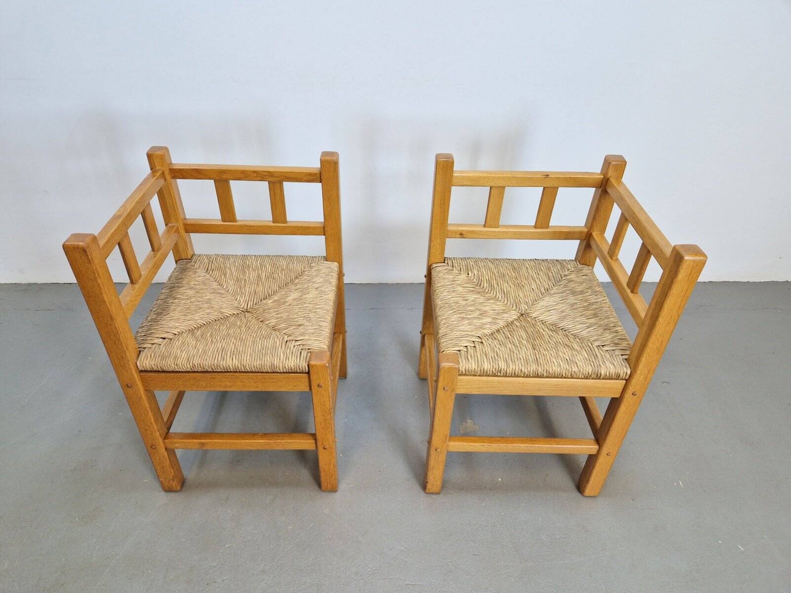 Dutch Modernist Art Deco Style Corner Chair in Oak and Rush, 1950s, Set of 2
