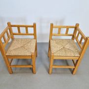 Dutch Modernist Art Deco Style Corner Chair in Oak and Rush, 1950s, Set of 2