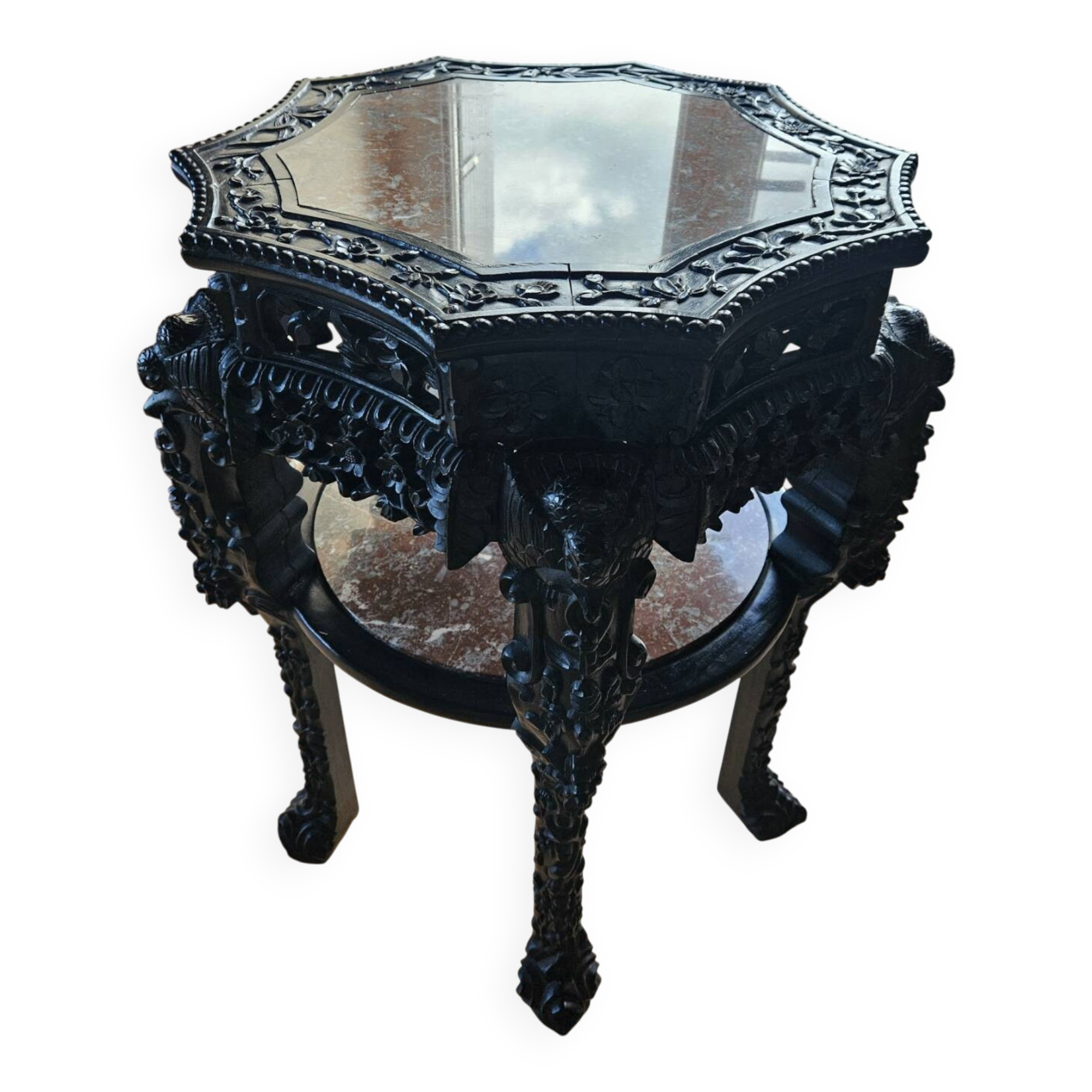 Antique Orientalist gueridon, carved – double marble top – late 19th century.