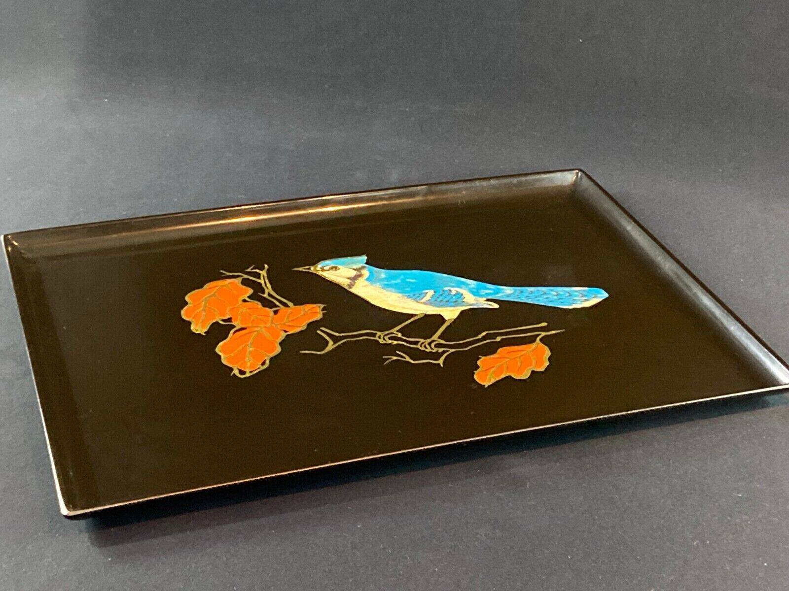 Tray in satin black resin with bird decoration 1970