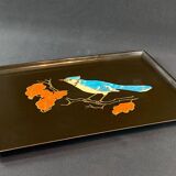 Tray in satin black resin with bird decoration 1970