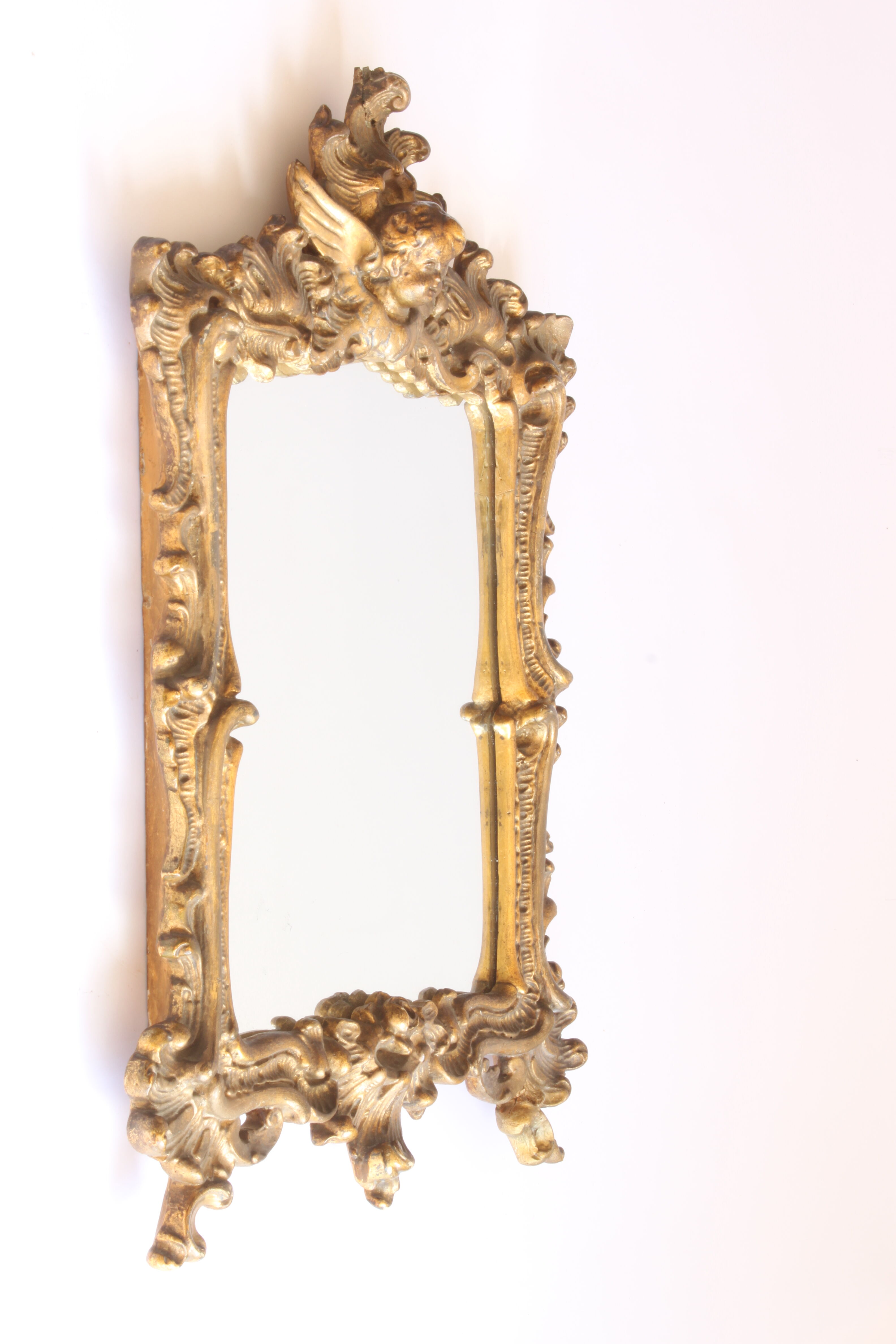 Gilded wooden angel mirror, Third Republic Rococo revival.