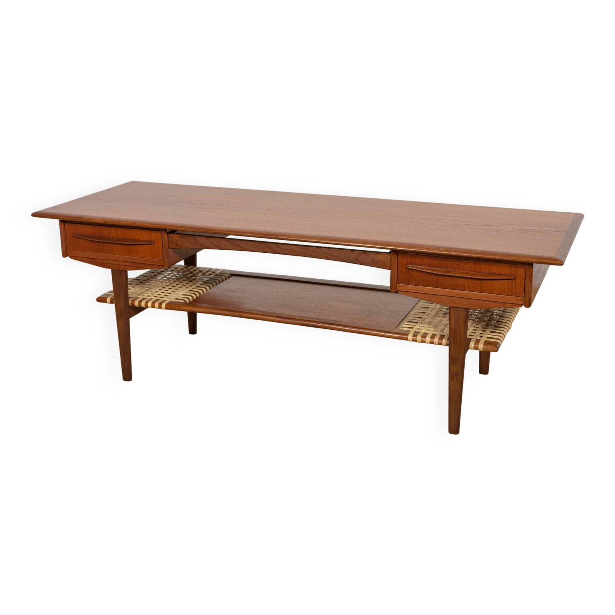 Mid-Century Teak & Rattan Coffee Table, Denmark, 1960s