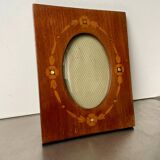 Antique Wood & mother of pearl Picture Frame with intarsia Convex glass