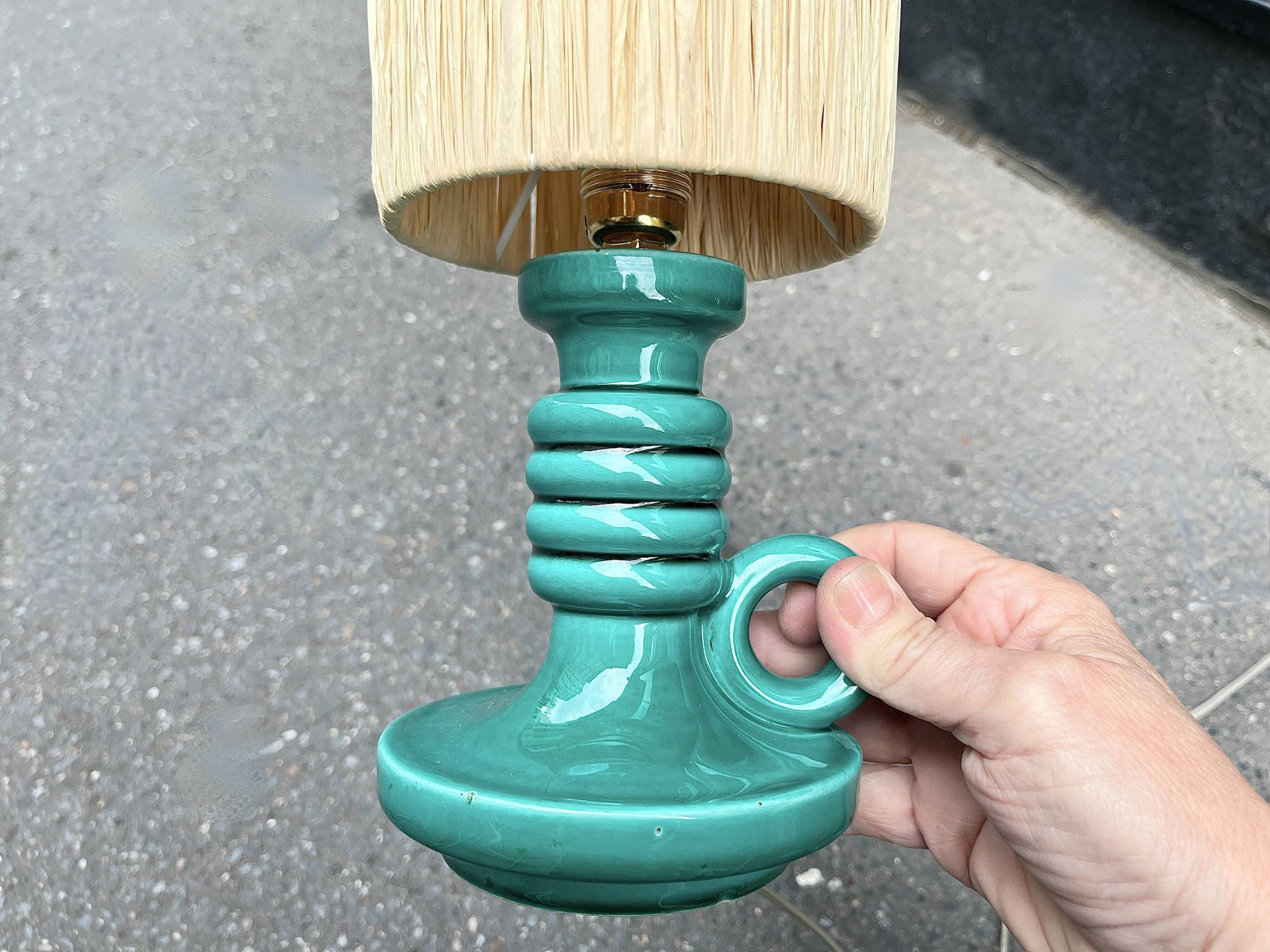 Art Deco green ceramic candle holder lamp base with raffia shade