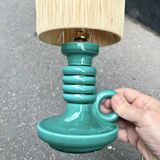 Art Deco green ceramic candle holder lamp base with raffia shade