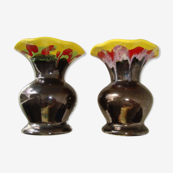 Pair small ceramic vases of art yellow multicolored