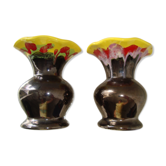 Pair small ceramic vases of art yellow multicolored