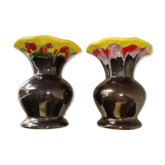 Paire vases céramique d'art jaune multicolore