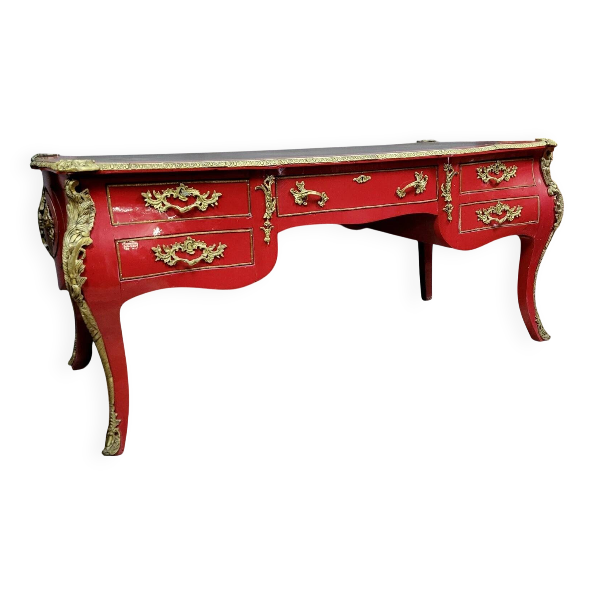 Louis XV style curved center desk in red lacquer and gilded bronze