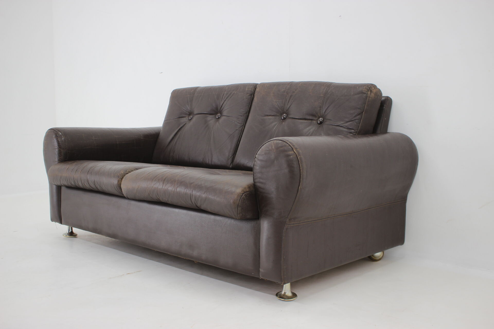 1970s Danish Brown Leather 2 Seater Sofa