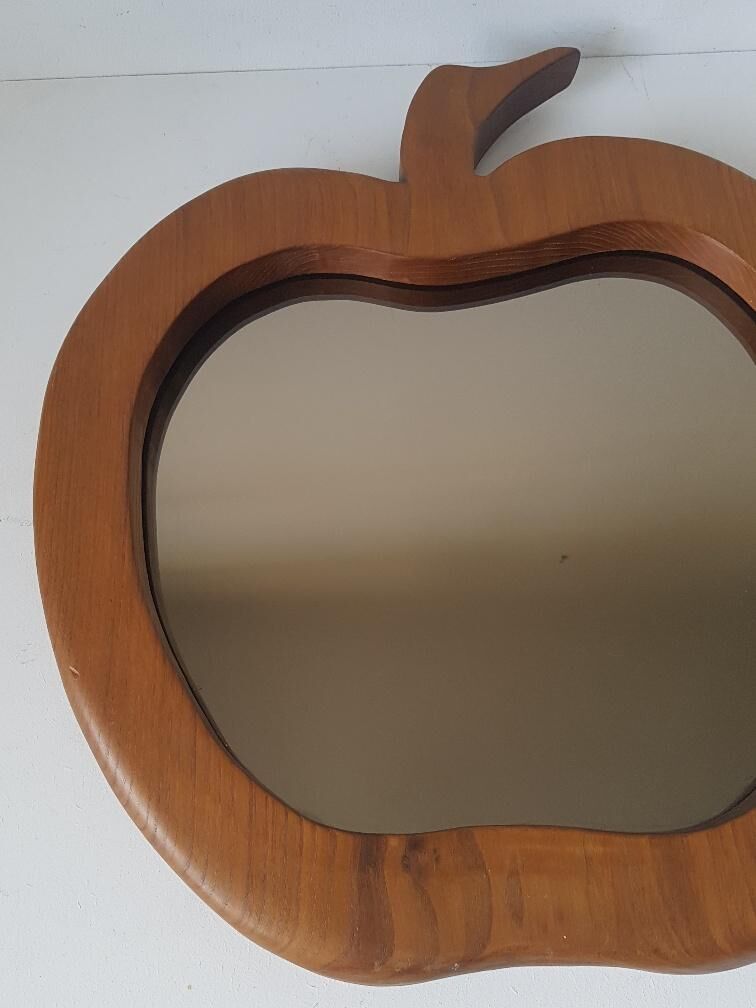 Apple shaped wooden mirror, design 70's, 55x60cm