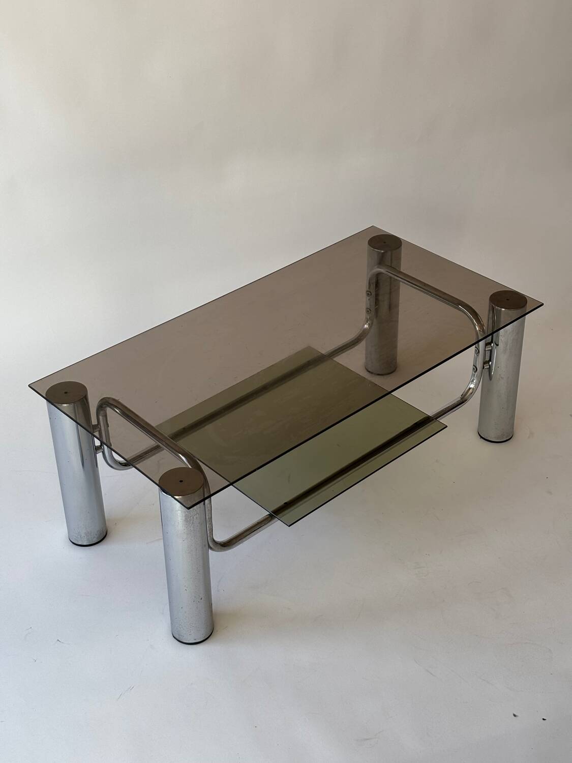 Chrome-plated metal and smoked glass coffee table, 1970