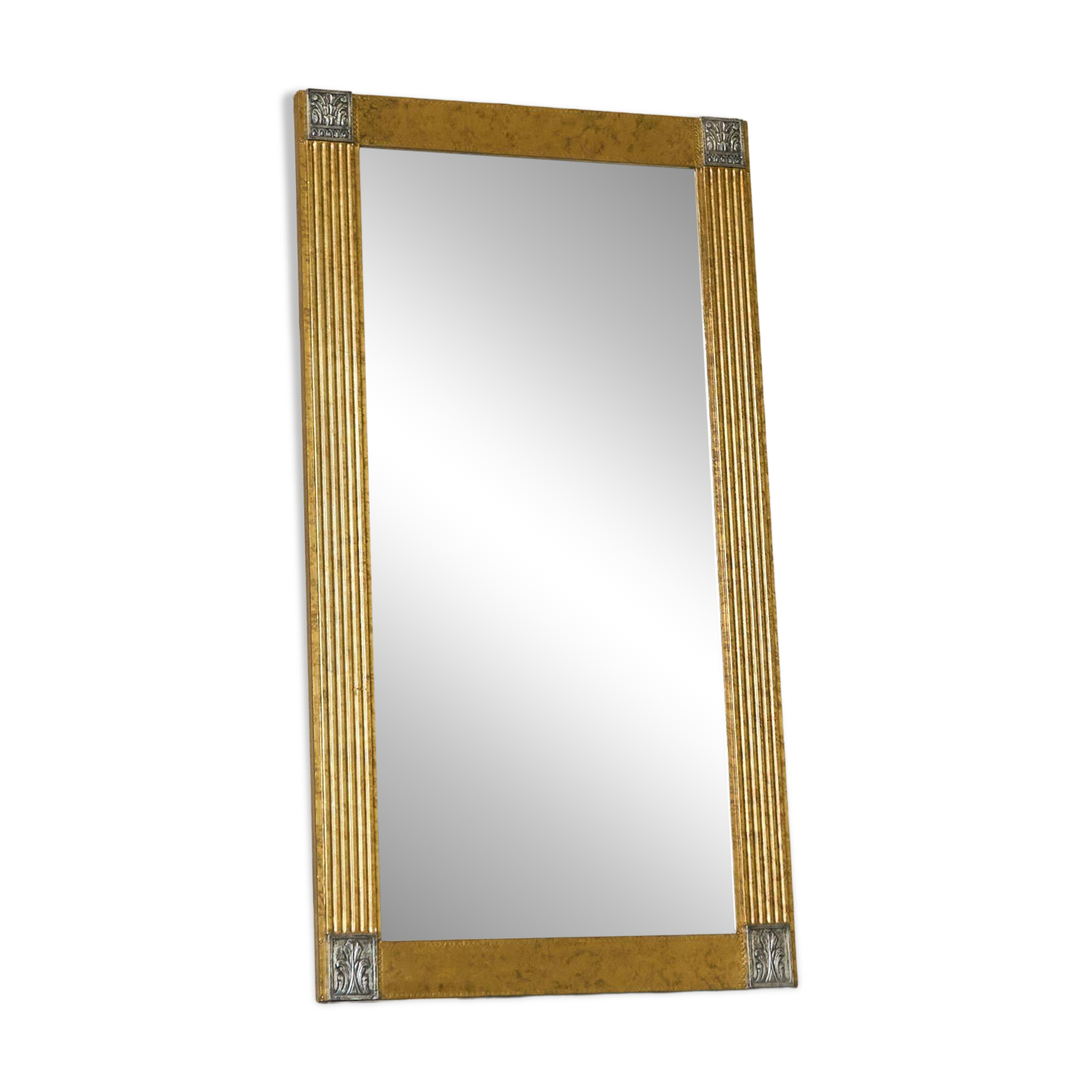 Grand miroir Art déco en laiton patiné avec verre facetté années 1960