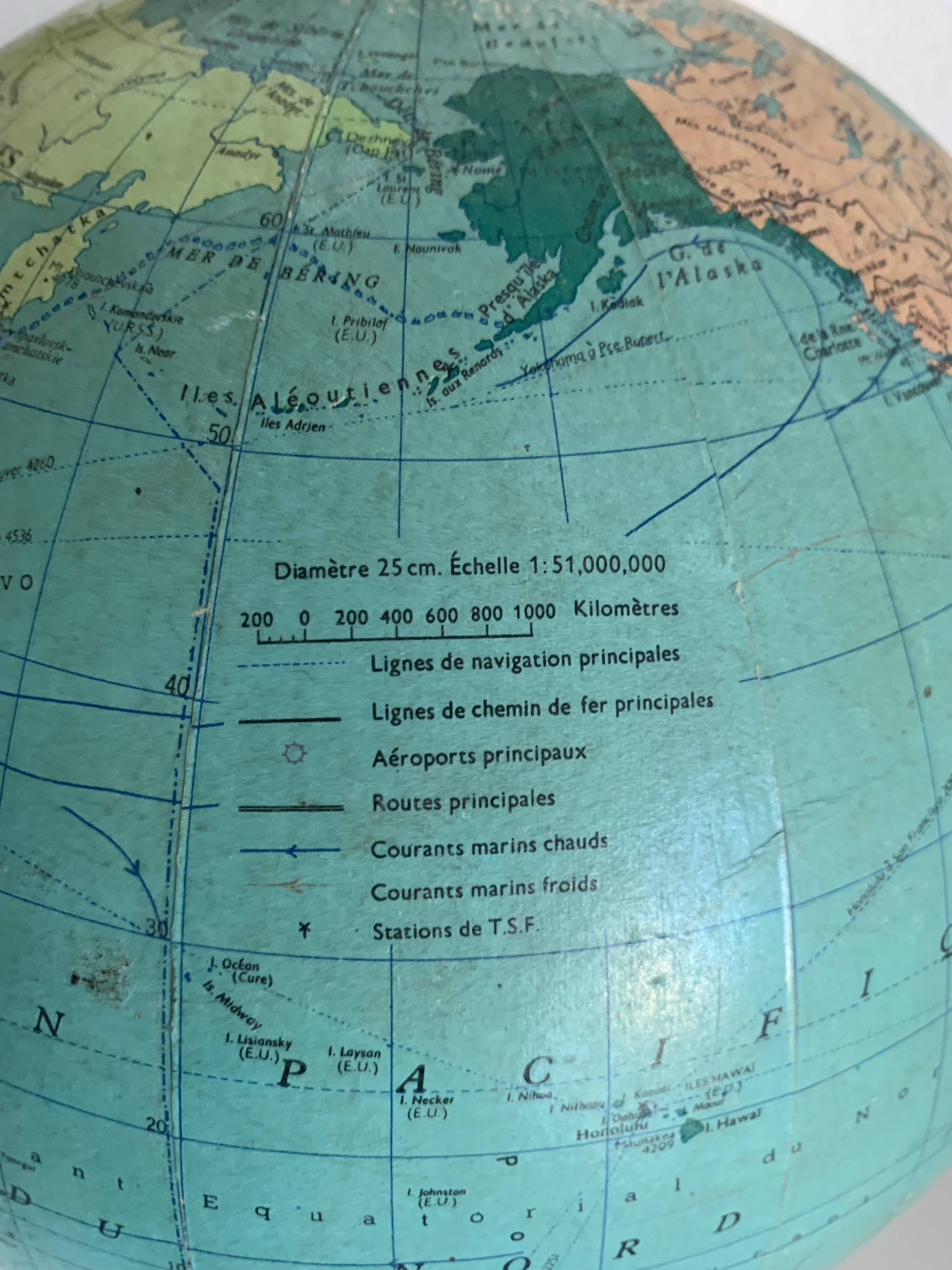 Globe vintage 1969 terrestre tripode verre Taride mappemonde - 33 cm