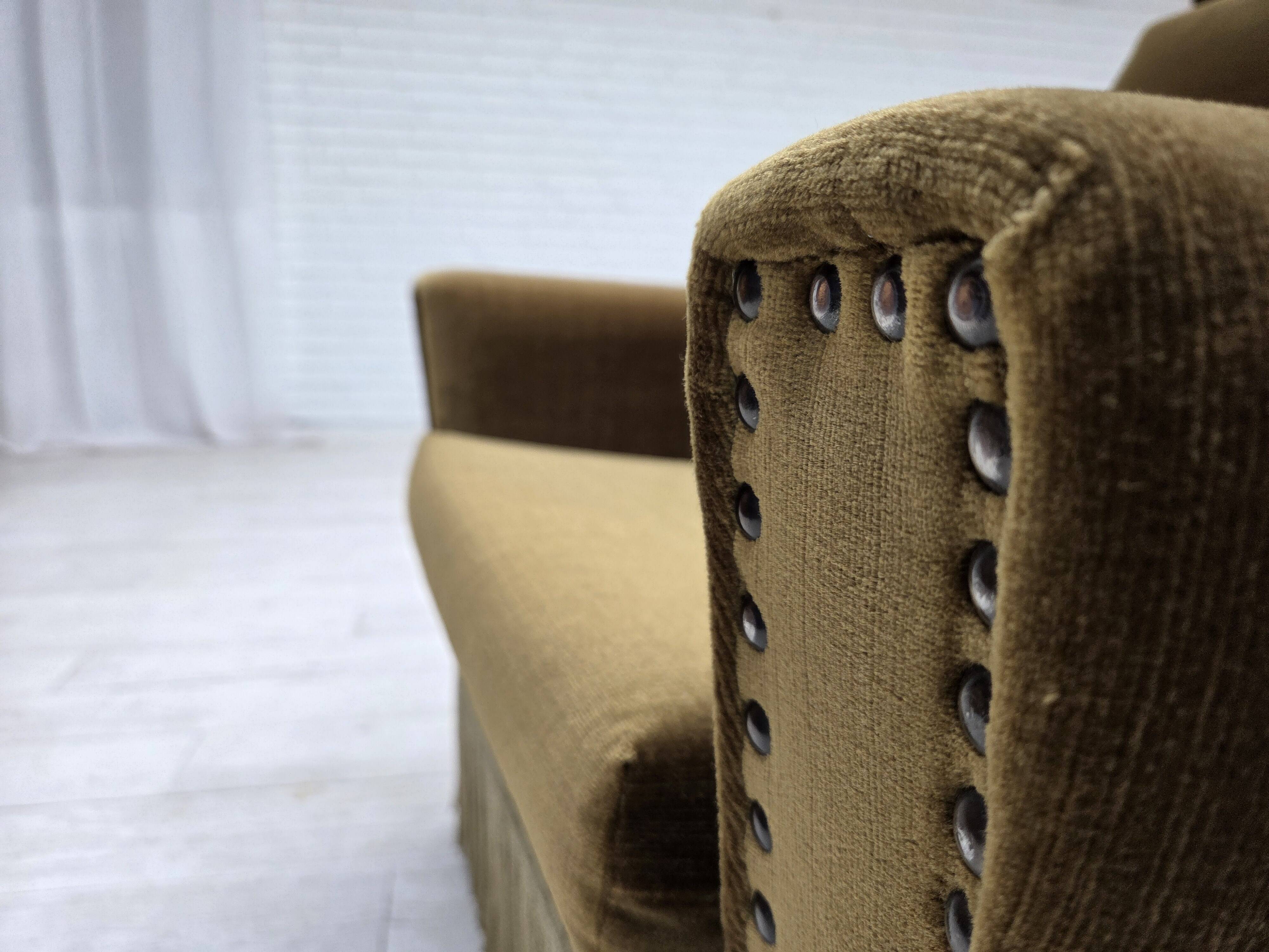 1970s, Danish armchair, green furniture velour, ash wood legs.