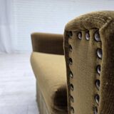 1970s, Danish armchair, green furniture velour, ash wood legs.