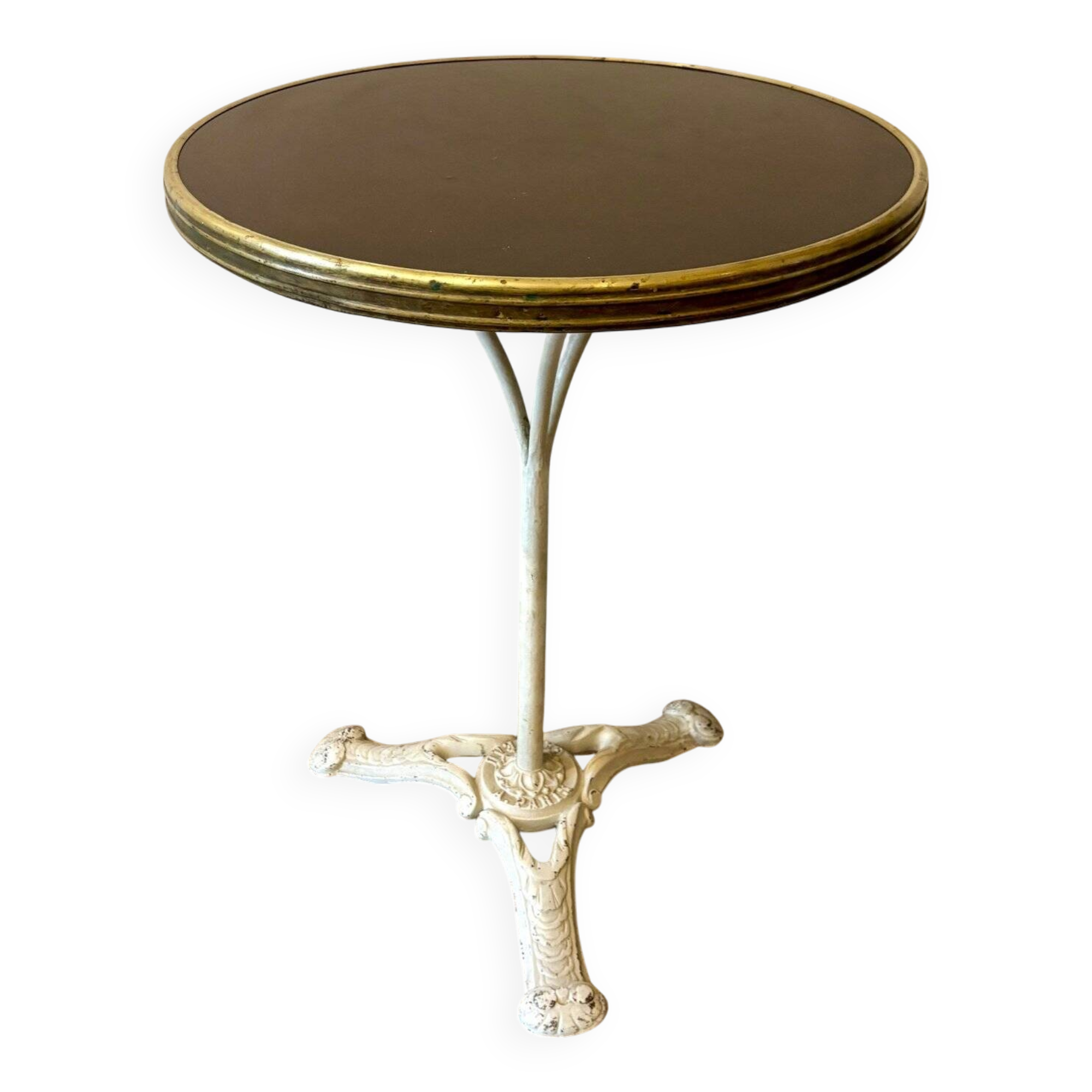 Bistro table in gray cast iron and brown melamine