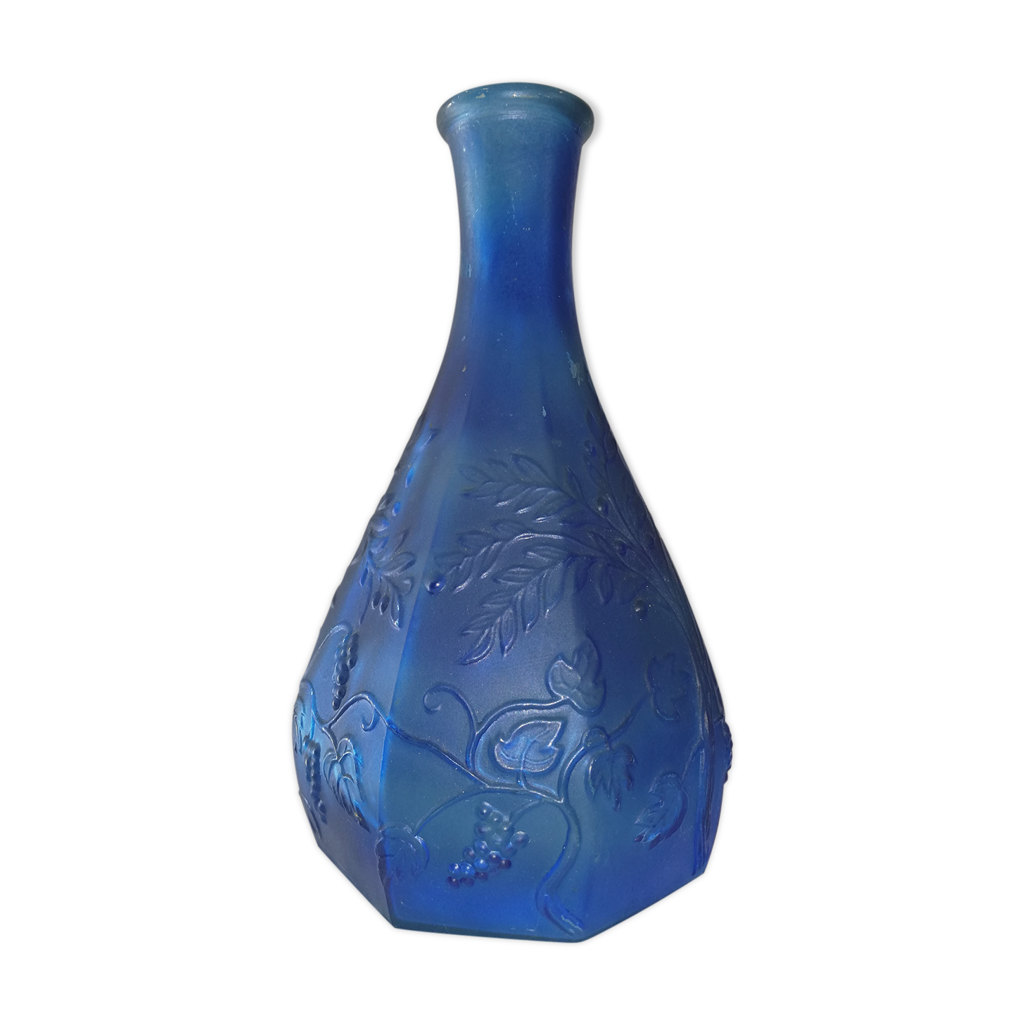 Blue glass bottle, engraved molded