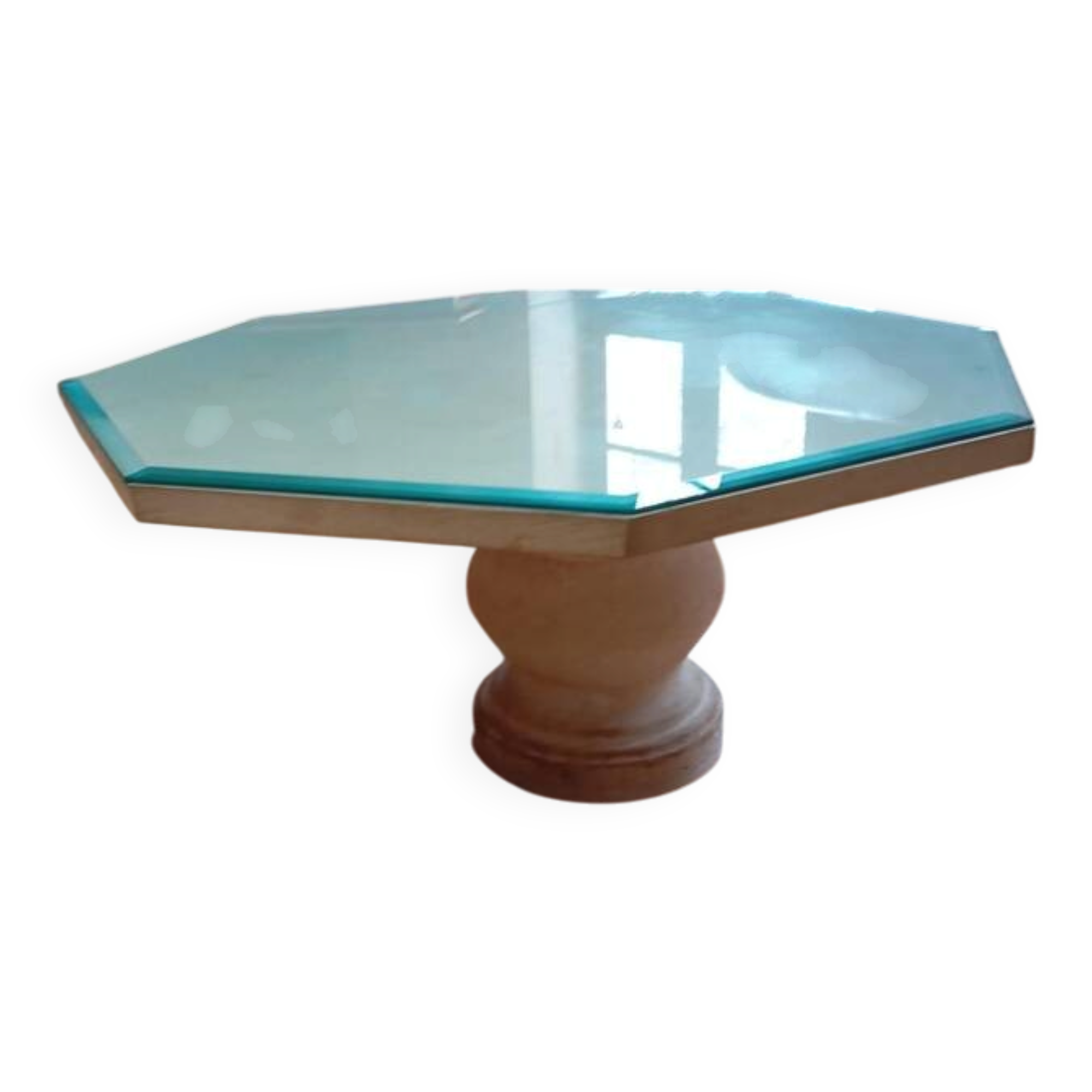 Table basse de forme octogonale en pierre naturelle et verre année 80/90