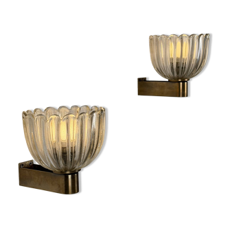 Pair of Murano Crystal Wall Lights with Gold Leaf by E. Barovier